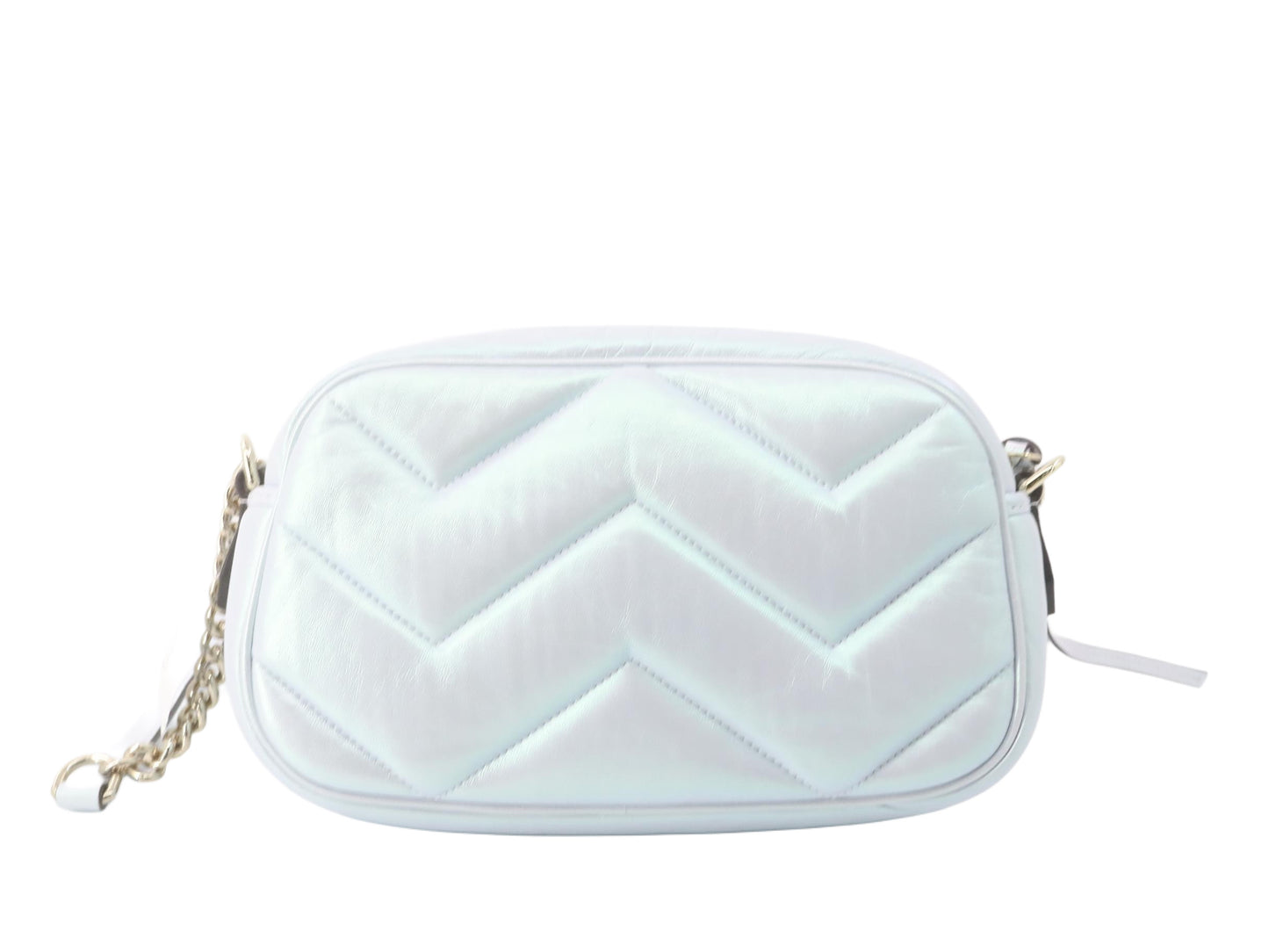 Gucci Iridescent Nappa Chevron Matelasse Small GG Marmont Chain Shoulder Bag Iridescent Snow Light Blue