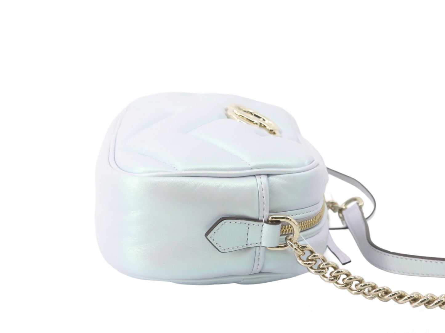Gucci Iridescent Nappa Chevron Matelasse Small GG Marmont Chain Shoulder Bag Iridescent Snow Light Blue