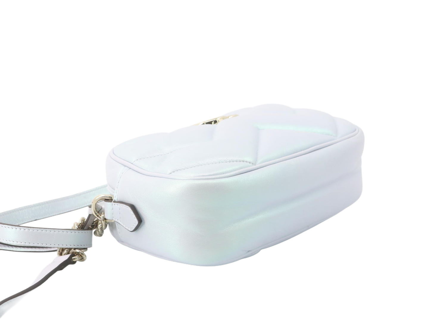 Gucci Iridescent Nappa Chevron Matelasse Small GG Marmont Chain Shoulder Bag Iridescent Snow Light Blue