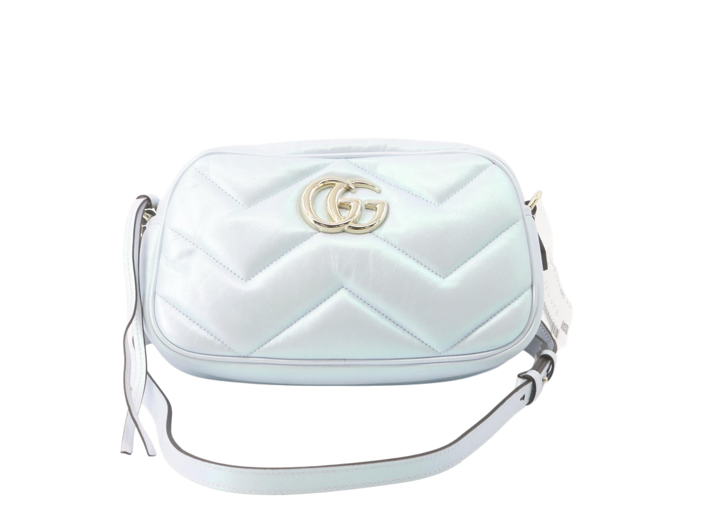 Gucci Iridescent Nappa Chevron Matelasse Small GG Marmont Chain Shoulder Bag Iridescent Snow Light Blue