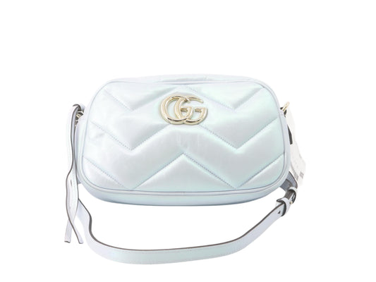 Gucci Iridescent Nappa Chevron Matelasse Small GG Marmont Chain Shoulder Bag Iridescent Snow Light Blue